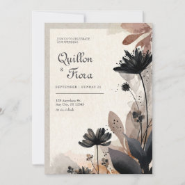 Invitación Boda Abstracta Floral Negra Terracota Malhumorada
