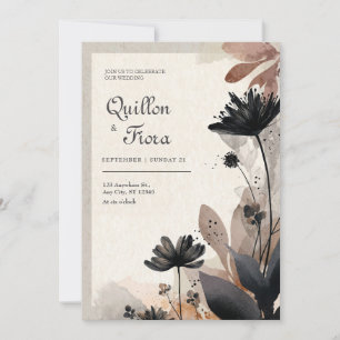 Invitación Boda Abstracta Floral Negra Terracota Malhumorada