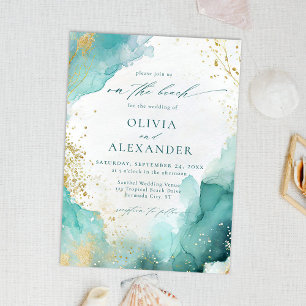 Invitación Boda abstracta moderna de color azul verdoso y dor