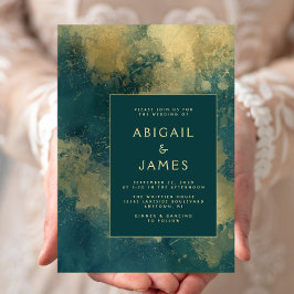 Invitación Boda abstracta moderna en azul teal y oro