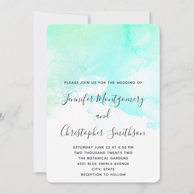 Invitación Boda abstracta moderna en verde y azul con acuarel (Anverso)