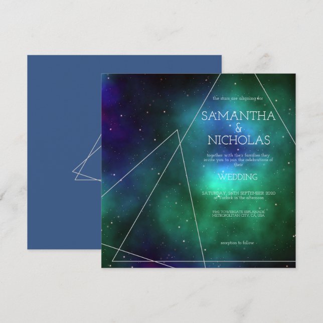 Invitación Boda abstracto de la galaxia azul celestial verde (Anverso / Reverso)