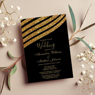 Invitación Boda abstracto de purpurina de oro negro geométric