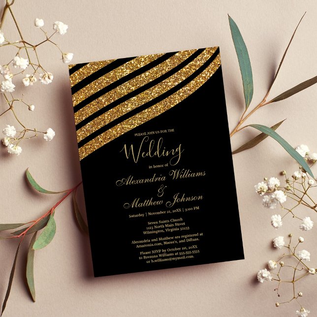 Invitación Boda abstracto de purpurina de oro negro geométric (Geometrical black gold glitter abstract Wedding)