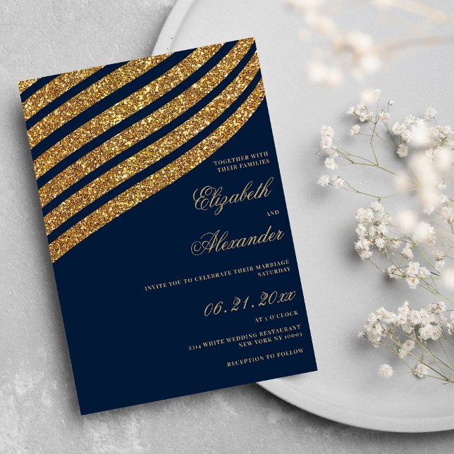 Invitación Boda abstracto geométrico de color azul marino pur (Gold glitter navy blue geometric abstract wedding )