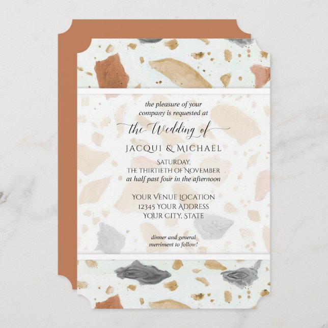 Invitación Boda abstracto retro moderno de Terrazzo Terracott (Anverso / Reverso)
