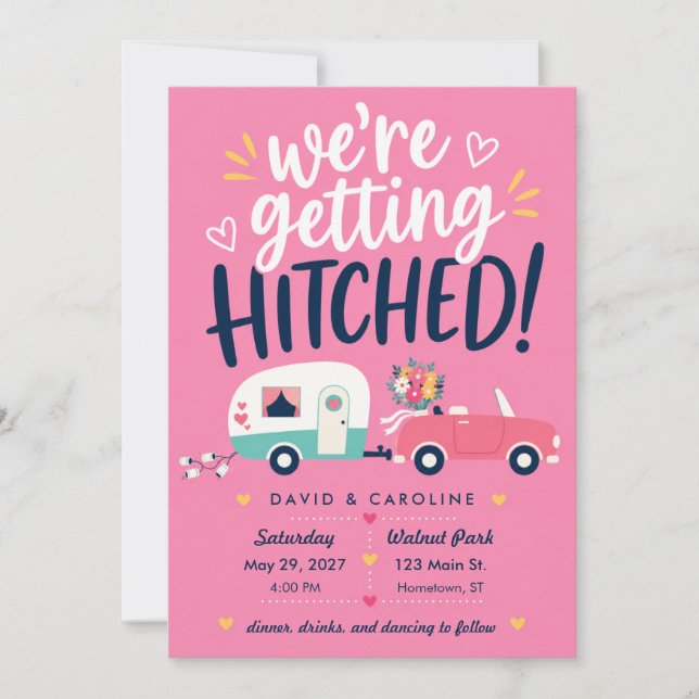 Invitación Boda Acoplada a Remolque Rosa Moderno de Medianos  (Anverso)