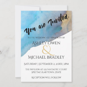 Invitación Boda acuarela abstracta azul y arena 2
