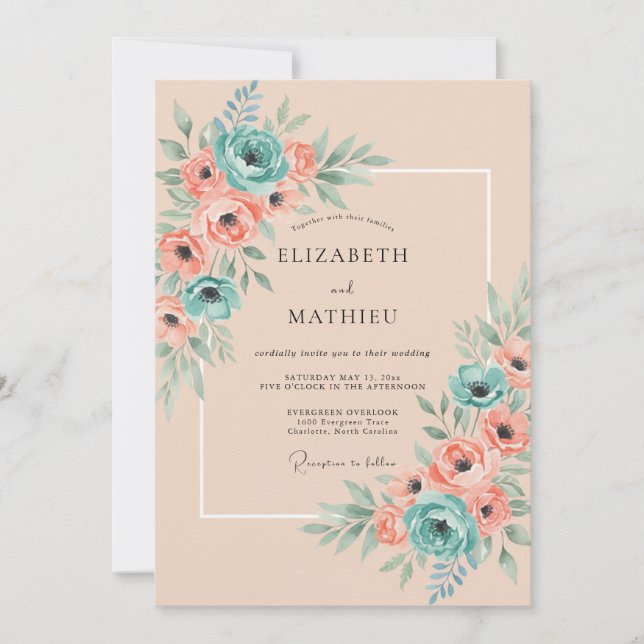 Invitación Boda Acuarela Aérea Verde Teal (Anverso)