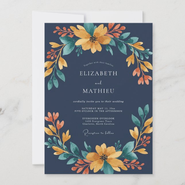 Invitación Boda acuarela ámbar marina (Anverso)