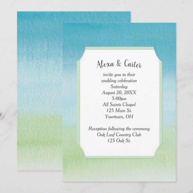 Invitación Boda acuarela aqua y verde (Anverso / Reverso)