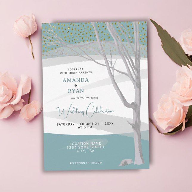 Invitación Boda Acuarela Árbol de Invierno Rústico Verde Ment (Subido por el creador)