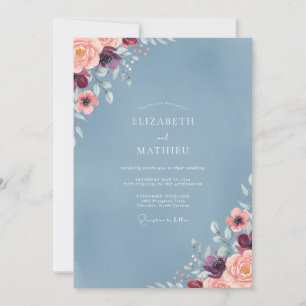Invitación Boda acuarela azul acero ciruela