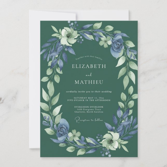 Invitación Boda acuarela azul bosque (Anverso)