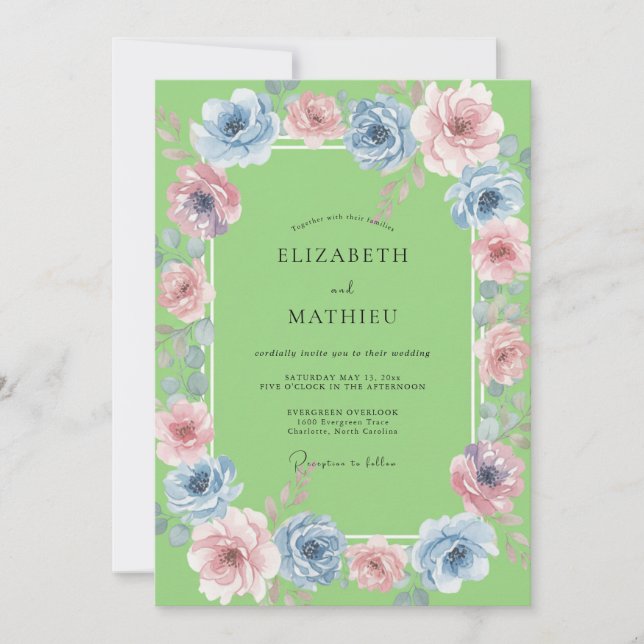 Invitación Boda acuarela azul chartreuse (Anverso)