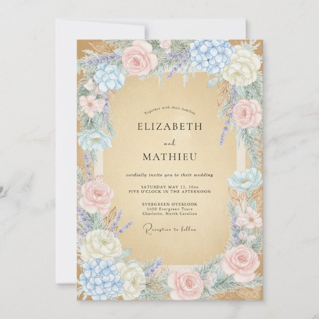 Invitación Boda acuarela azul cielo y champán (Anverso)