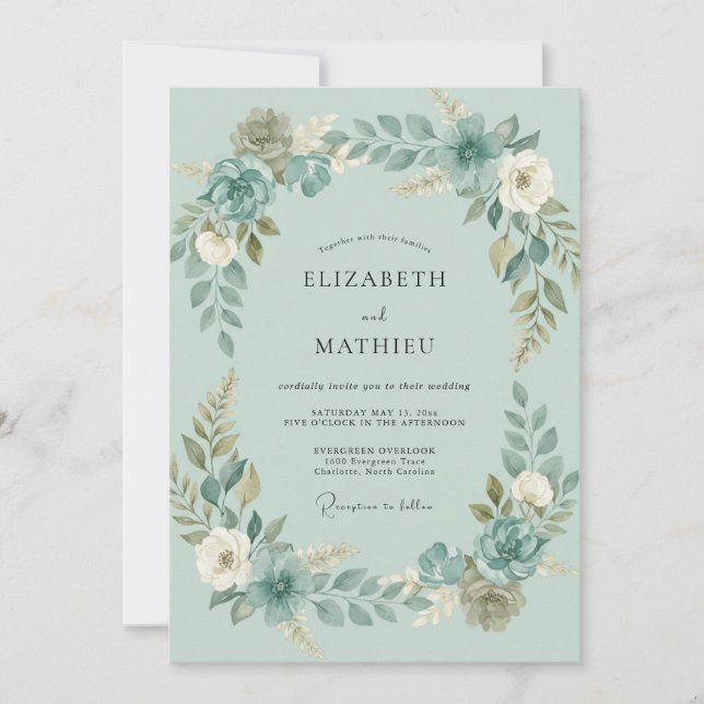 Invitación Boda acuarela azul espuma de mar (Anverso)
