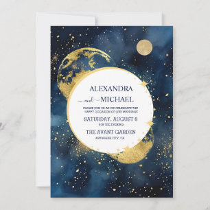 Invitación Boda Acuarela Azul Místico Medianoche y Dorado
