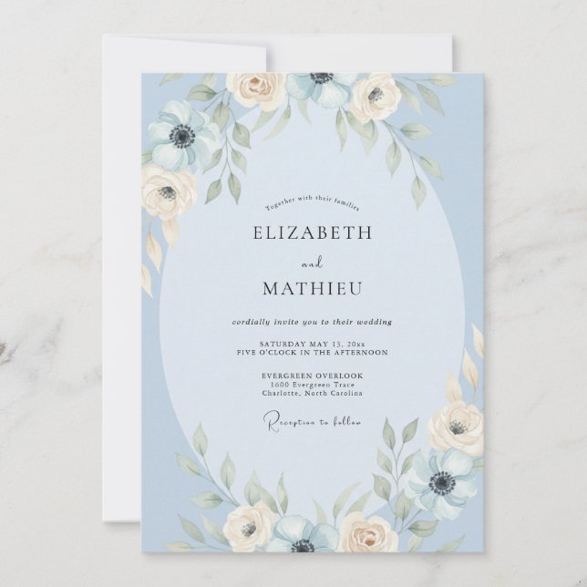 Invitación Boda acuarela azul polvo (Anverso)