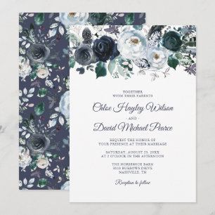 Invitación Boda acuarela azul polvoriento y navy rústico