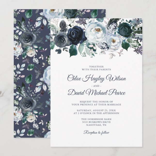 Invitación Boda acuarela azul polvoriento y navy rústico (Anverso / Reverso)