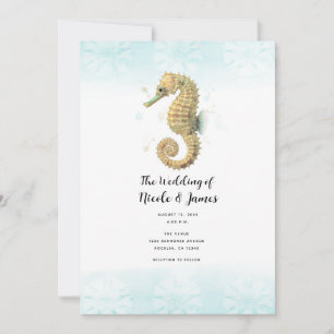 Invitación Boda acuarela azul teal y dorado de caballito de m