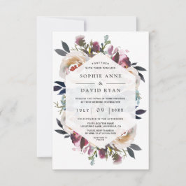 Invitación Boda acuarela azul turbio azul rosa floral