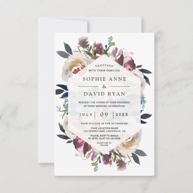 Invitación Boda acuarela azul turbio azul rosa floral (Anverso)