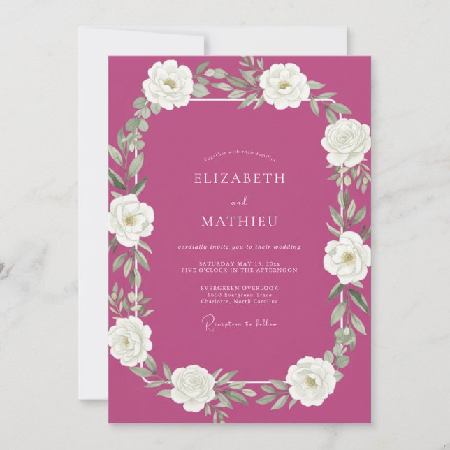 Invitación Boda acuarela blanca magenta (Anverso)