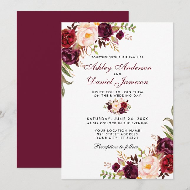 Invitación Boda acuarela Borgoña Floral (Anverso / Reverso)