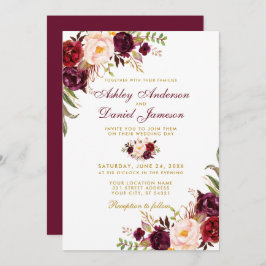 Invitación Boda acuarela Borgoña Floral Gold B