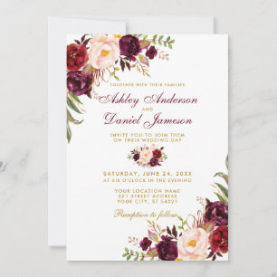 Invitación Boda acuarela Borgoña Floral Gold W