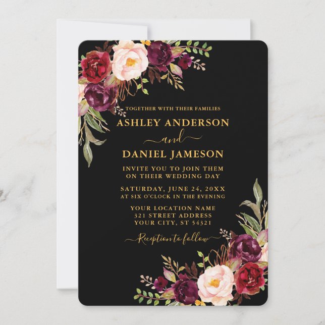 Invitación Boda acuarela borgoña floral negro y dorado (Anverso)