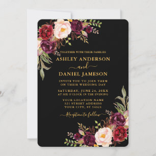 Invitación Boda acuarela borgoña floral negro y dorado