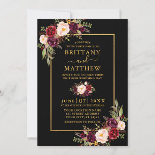 Invitación Boda acuarela Borgoña Floral Oro negro