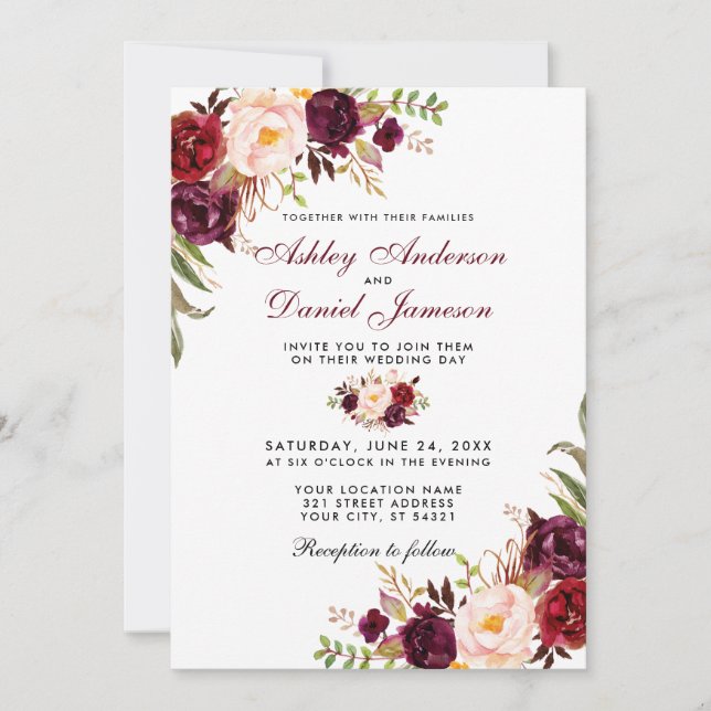 Invitación Boda acuarela Borgoña Floral W (Anverso)