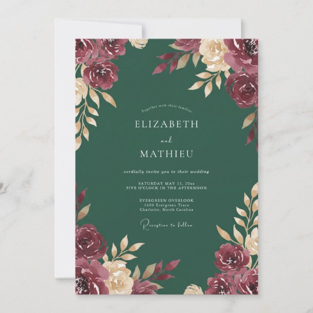 Invitación Boda acuarela bosque granate (Anverso)