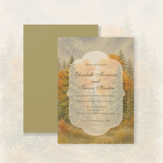 Invitación Boda Acuarela Bosque Otoñal Rústico (Fall Forest Pine Trees Landscape Watercolor Wedding.)