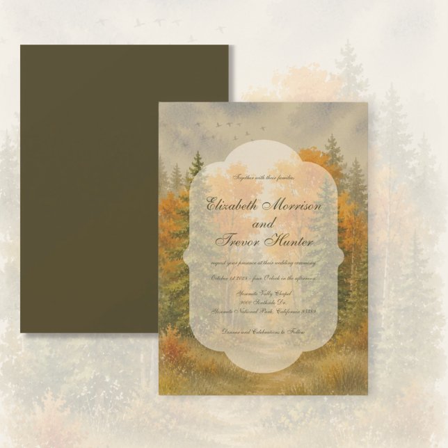 Invitación Boda acuarela bosque otoño rústico (Autumn Forest Pine Trees Mountains - Wedding Invitations)