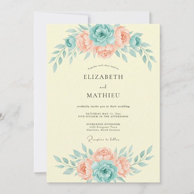 Invitación Boda Acuarela Botánica Aqua Melocotón (Anverso)