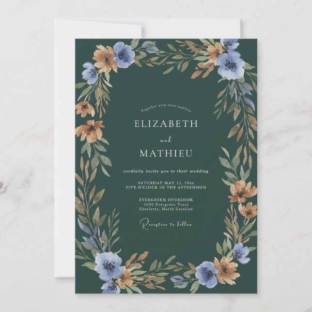 Invitación Boda acuarela botánica azul esmeralda (Anverso)