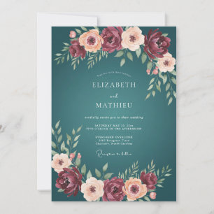 Invitación Boda Acuarela Botánica Burgundy Verde Teal