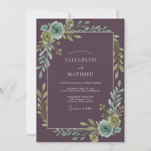 Invitación Boda Acuarela Botánica Ciruela Verde Turquesa