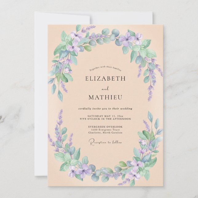 Invitación Boda Acuarela Botánica Morada Melocotón (Anverso)