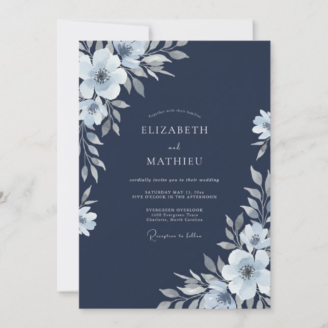 Invitación Boda acuarela botánica plata marina (Anverso)