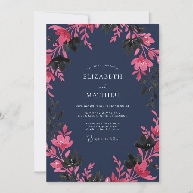 Invitación Boda acuarela botánica rosa marina (Anverso)