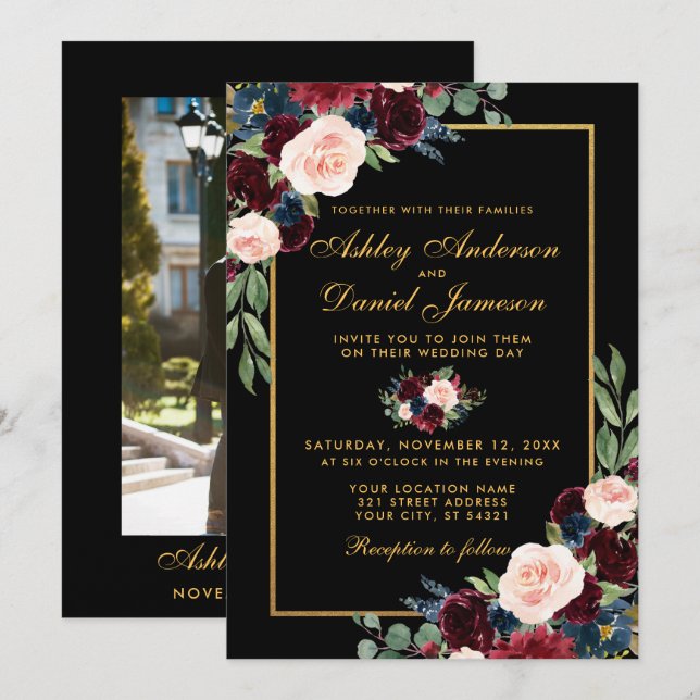 Invitación Boda acuarela Burgundy Floral Gold Photo (Anverso / Reverso)