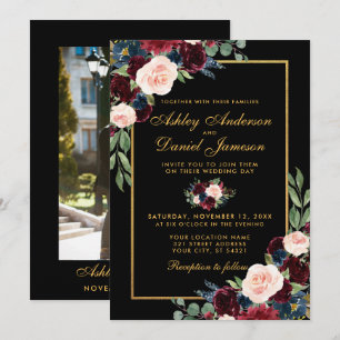 Invitación Boda acuarela Burgundy Floral Gold Photo