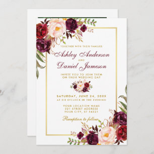 Invitación Boda acuarela Burgundy Floral Gold Photo