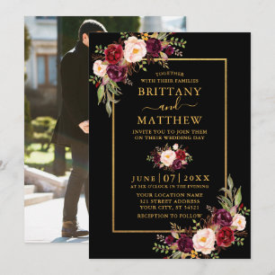 Invitación Boda acuarela Burgundy Floral Photo Black